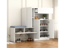 Móvel multifuncional para sapatos - com assento estofado - com 4 portas e 1 gaveta - Branco