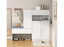 Móvel multifuncional para sapatos - com assento estofado - com 4 portas e 1 gaveta - Branco