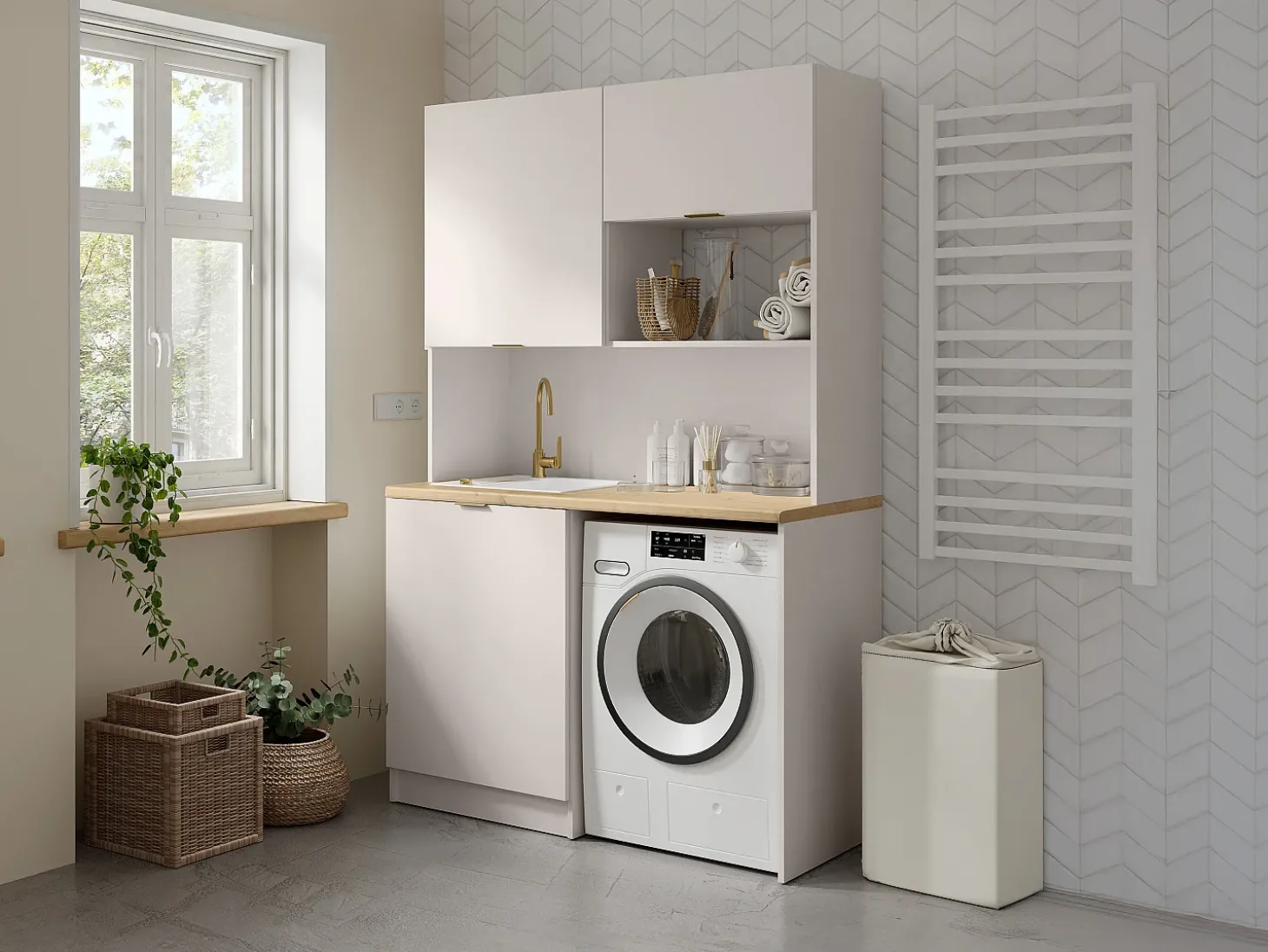 Móvel multifunções para kitchenette e lavandaria - Com bancada de trabalho 120 cm - Bege e natural - CARMEO