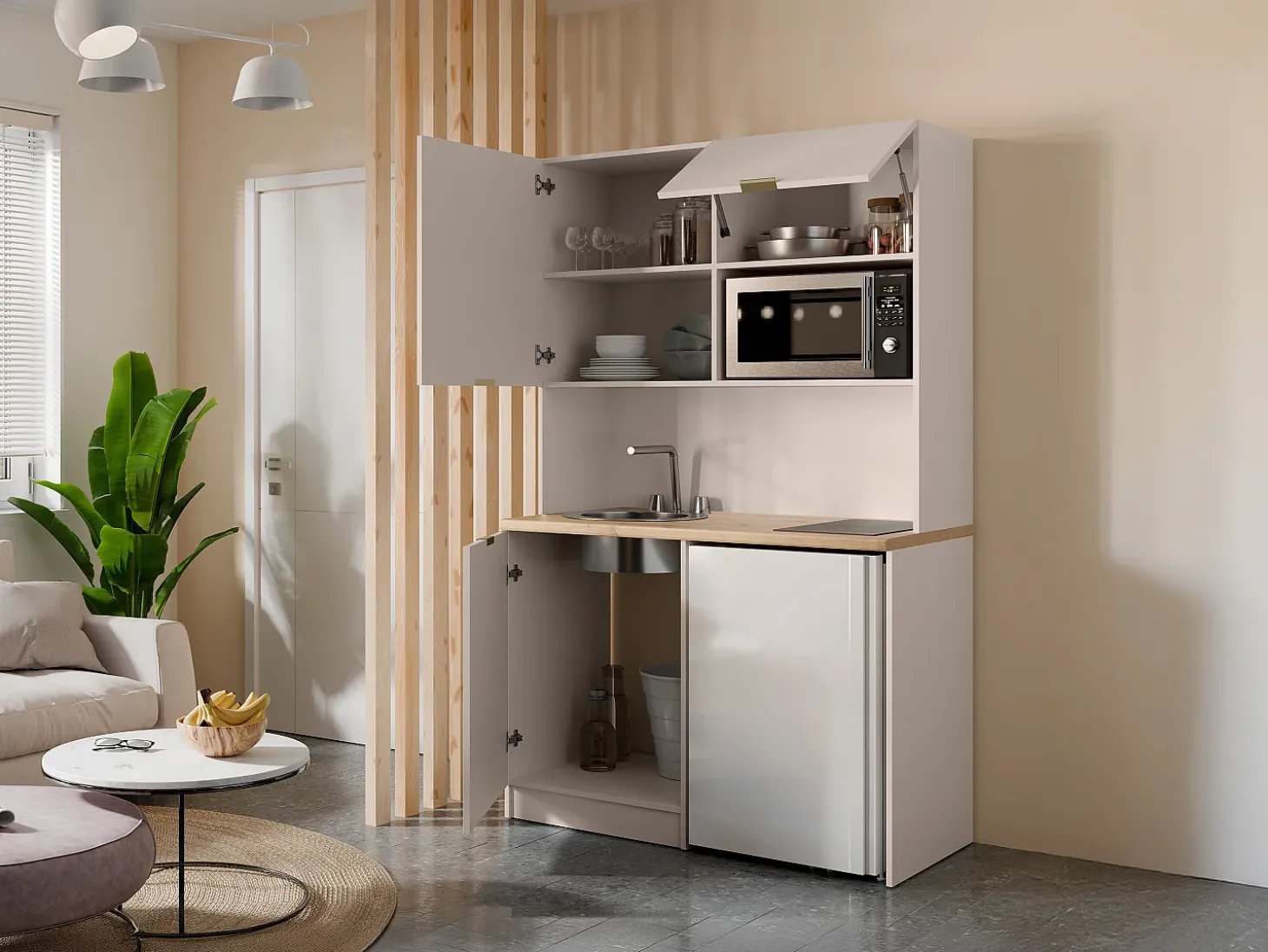Móvel multifunções para kitchenette e lavandaria - Com bancada de trabalho 120 cm - Bege e natural - CARMEO