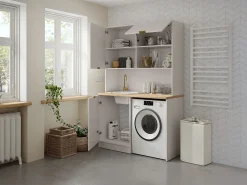 Móvel multifunções para kitchenette e lavandaria - Com bancada de trabalho 120 cm - Bege e natural - CARMEO