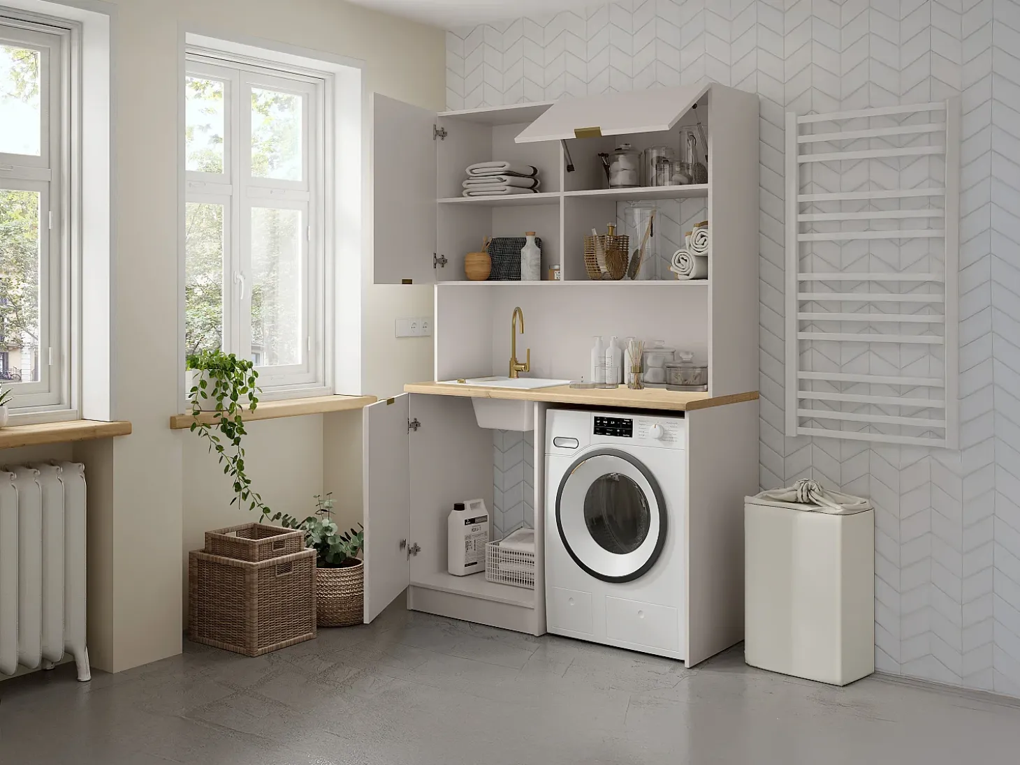 Móvel multifunções para kitchenette e lavandaria - Com bancada de trabalho 120 cm - Bege e natural - CARMEO