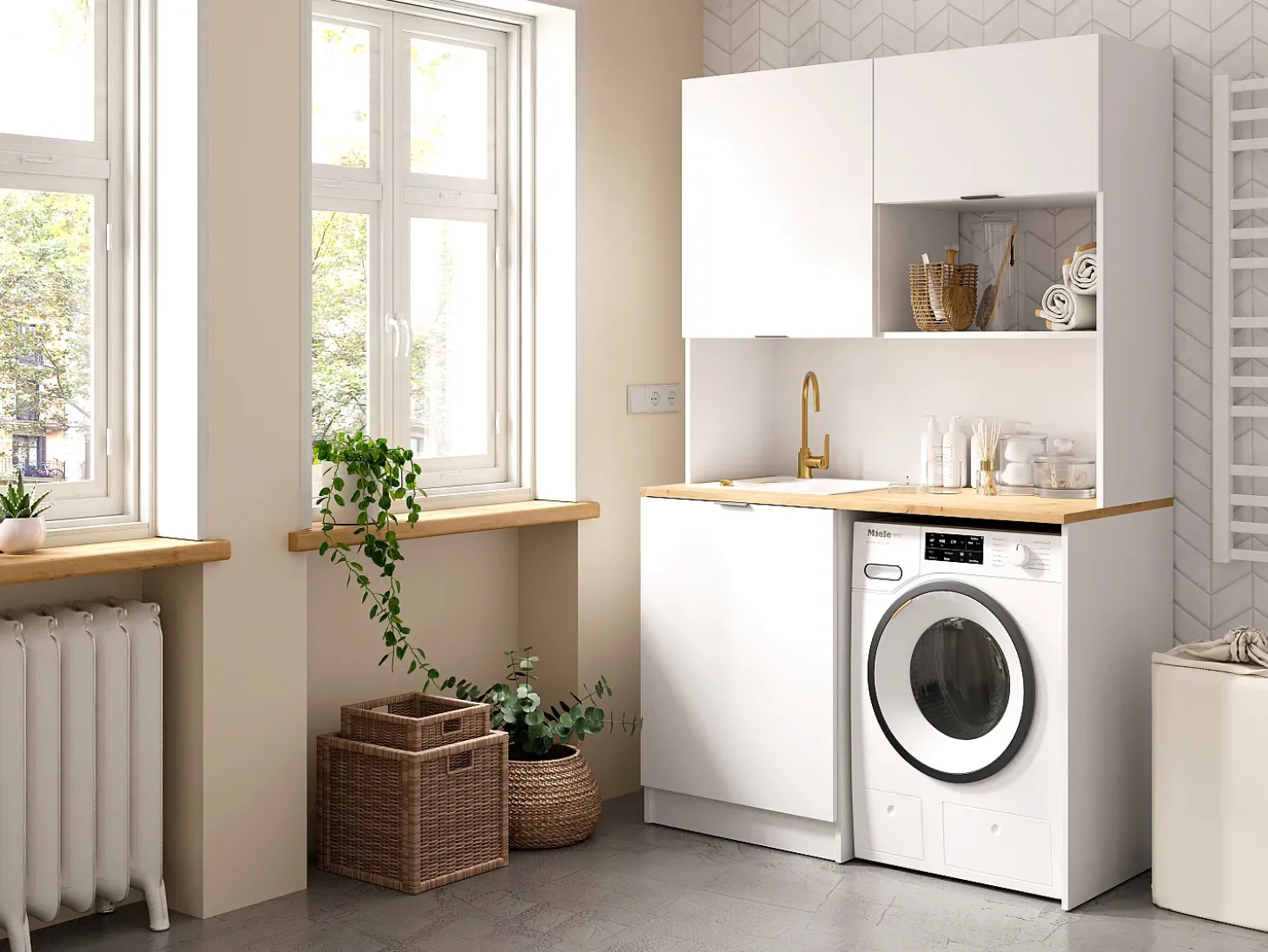 Móvel multifunção com plano de trabalho 120 cm branco e natural - CARMEO