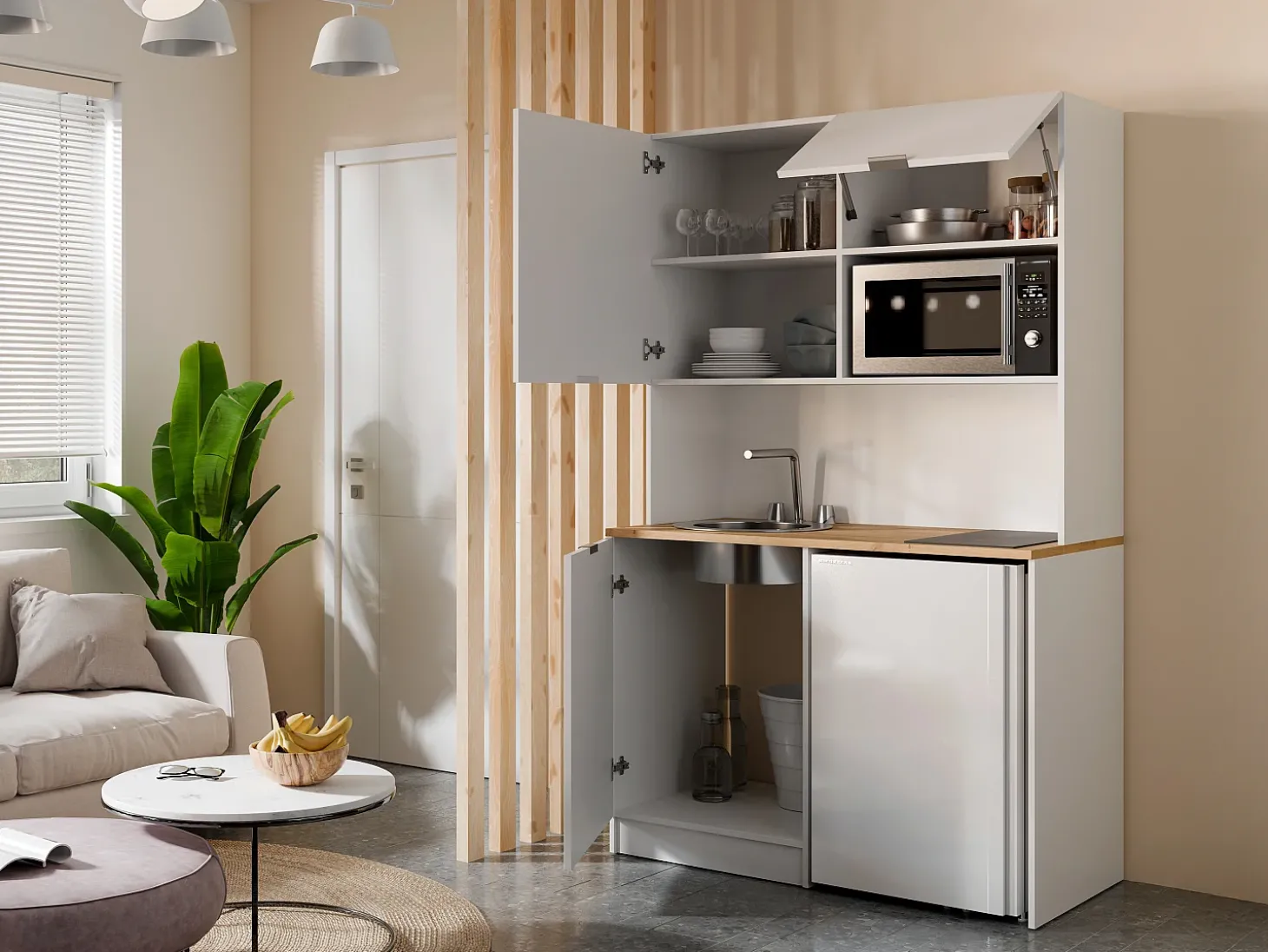 Móvel multifunção com plano de trabalho 120 cm branco e natural - CARMEO