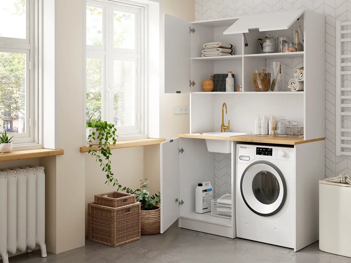 Móvel multifunção com plano de trabalho 120 cm branco e natural - CARMEO