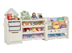 Móvel para Arrumação de Brinquedos Infantis SucceBuy, com 4 Níveis e Estante, Prateleira Organizadora de Brinquedos com 10 Caixas de Plástico Removíveis