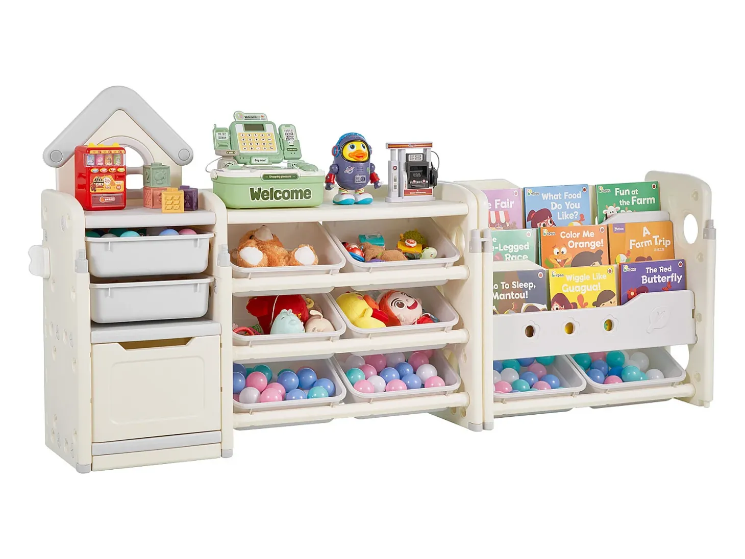 Móvel para Arrumação de Brinquedos Infantis SucceBuy, com 4 Níveis e Estante, Prateleira Organizadora de Brinquedos com 10 Caixas de Plástico Removíveis