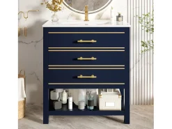 Móvel para banheiro - 66 x 46,5 x 86 cm - com pia de cerâmica + 2 gavetas + prateleira aberta - MDF - azul + dourado