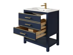 Móvel para banheiro - 66 x 46,5 x 86 cm - com pia de cerâmica + 2 gavetas + prateleira aberta - MDF - azul + dourado