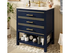 Móvel para banheiro - 66 x 46,5 x 86 cm - com pia de cerâmica + 2 gavetas + prateleira aberta - MDF - azul + dourado
