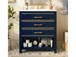 Móvel para banheiro - 66 x 46,5 x 86 cm - com pia de cerâmica + 2 gavetas + prateleira aberta - MDF - azul + dourado