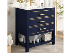 Móvel para banheiro - 66 x 46,5 x 86 cm - com pia de cerâmica + 2 gavetas + prateleira aberta - MDF - azul + dourado