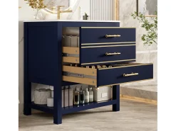 Móvel para banheiro - 66 x 46,5 x 86 cm - com pia de cerâmica + 2 gavetas + prateleira aberta - MDF - azul + dourado