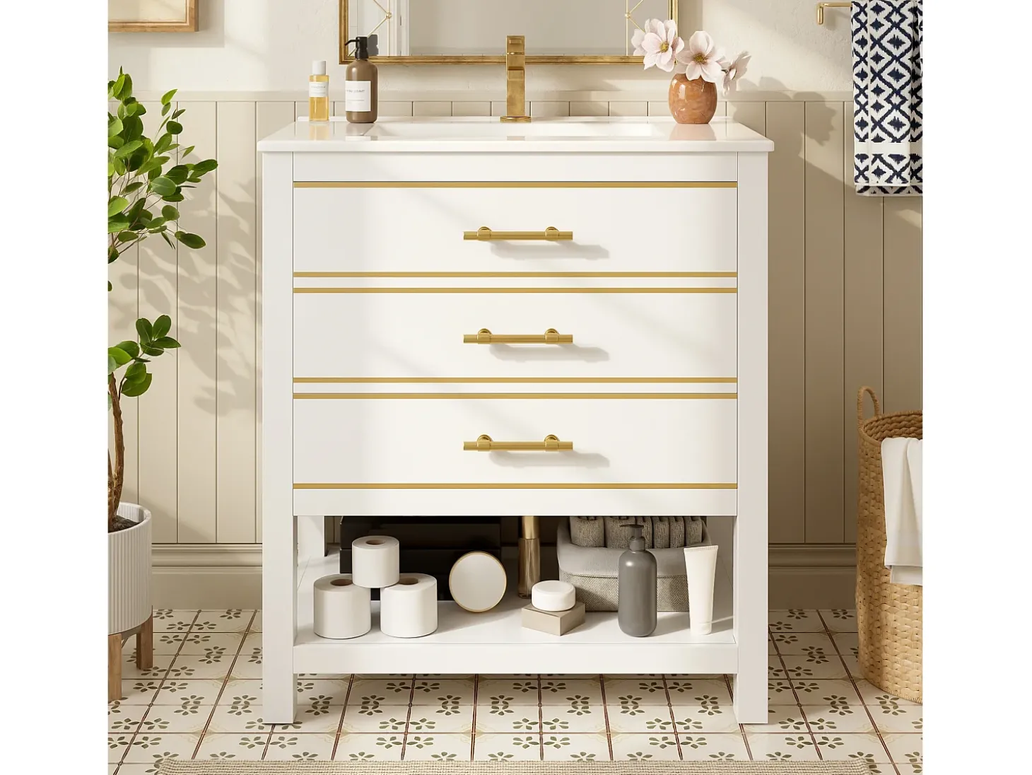 Móvel para banheiro - 66 x 46,5 x 86 cm - com pia de cerâmica + 2 gavetas + prateleira aberta - MDF - branco + dourado