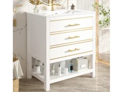 Móvel para banheiro - 66 x 46,5 x 86 cm - com pia de cerâmica + 2 gavetas + prateleira aberta - MDF - branco + dourado