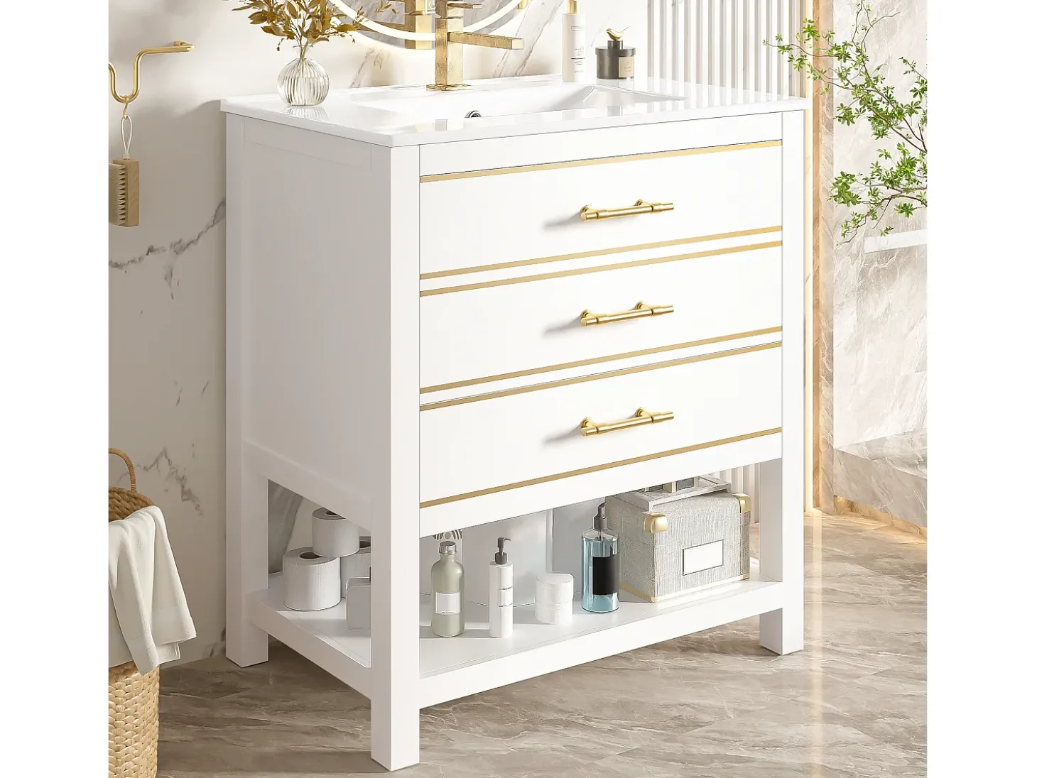 Móvel para banheiro - 66 x 46,5 x 86 cm - com pia de cerâmica + 2 gavetas + prateleira aberta - MDF - branco + dourado