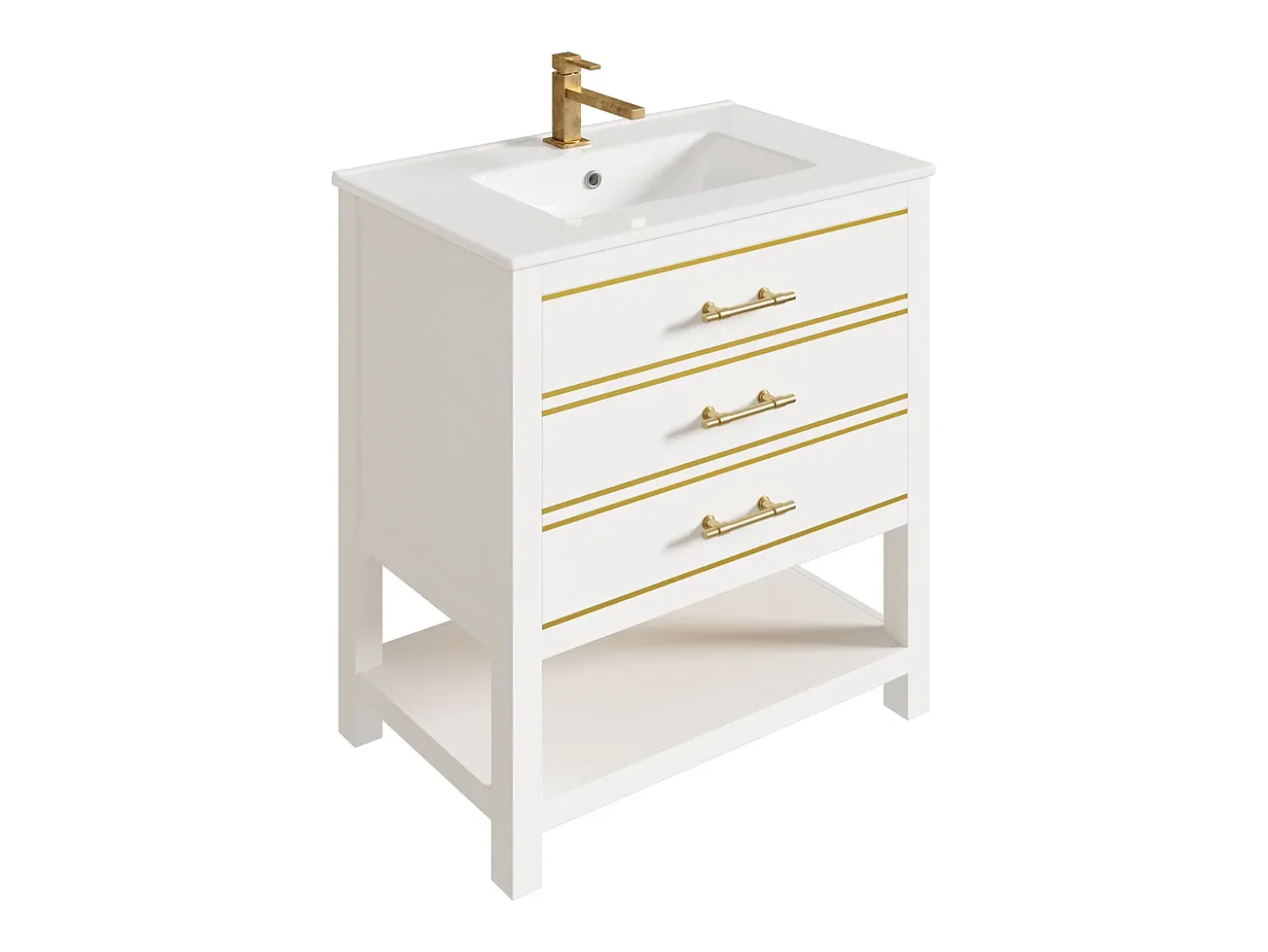 Móvel para banheiro - 66 x 46,5 x 86 cm - com pia de cerâmica + 2 gavetas + prateleira aberta - MDF - branco + dourado