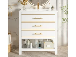 Móvel para banheiro - 66 x 46,5 x 86 cm - com pia de cerâmica + 2 gavetas + prateleira aberta - MDF - branco + dourado