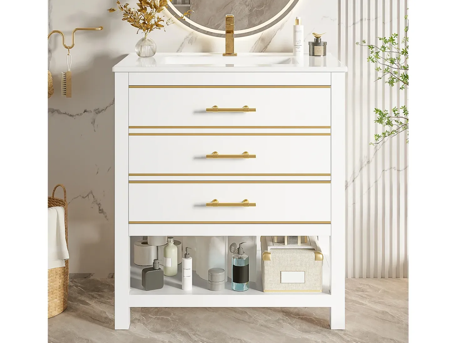 Móvel para banheiro - 66 x 46,5 x 86 cm - com pia de cerâmica + 2 gavetas + prateleira aberta - MDF - branco + dourado