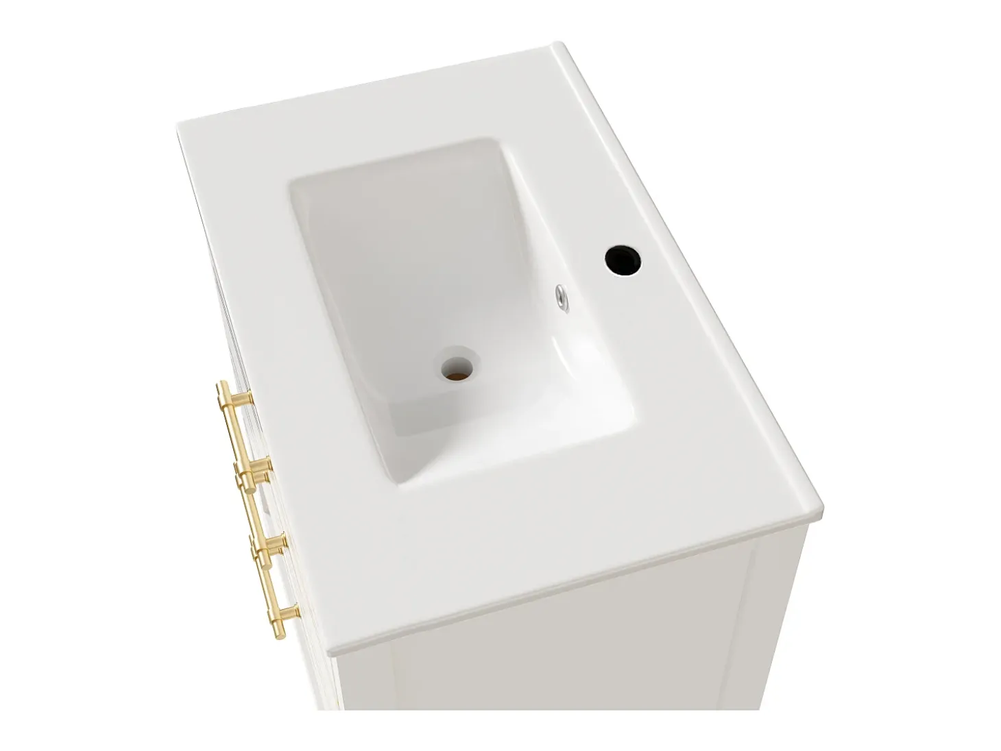 Móvel para banheiro - 66 x 46,5 x 86 cm - com pia de cerâmica + 2 gavetas + prateleira aberta - MDF - branco + dourado