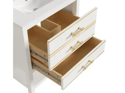 Móvel para banheiro - 66 x 46,5 x 86 cm - com pia de cerâmica + 2 gavetas + prateleira aberta - MDF - branco + dourado