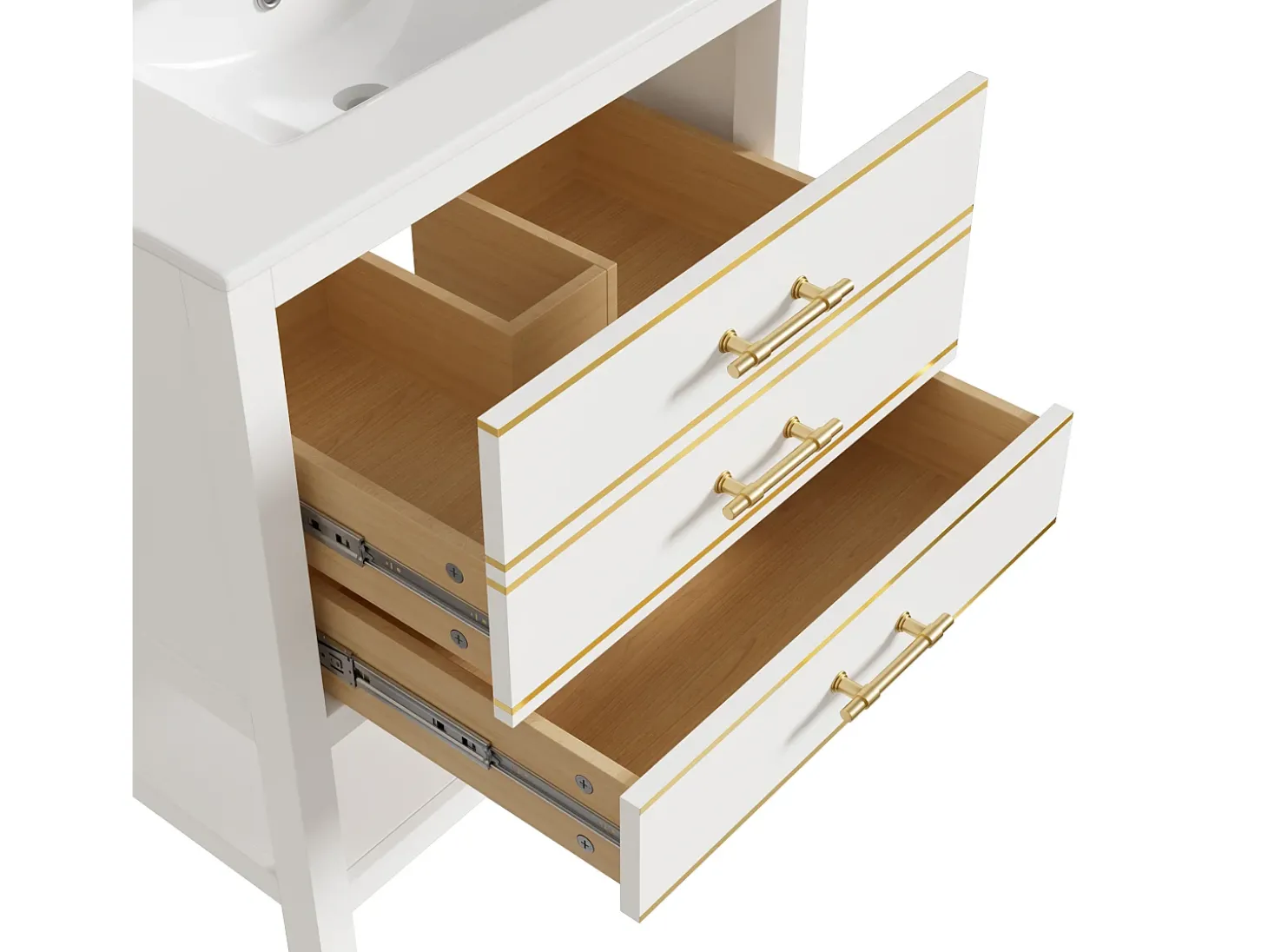 Móvel para banheiro - 66 x 46,5 x 86 cm - com pia de cerâmica + 2 gavetas + prateleira aberta - MDF - branco + dourado