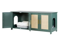 Móvel para Caixa de Areia SucceBuy Gato Armário Esconder Casa de Banho Gato, com 4 Portas de Rattan e 2 Entradas, Nicho Esconder-areia Madeira, 120x45x50 cm