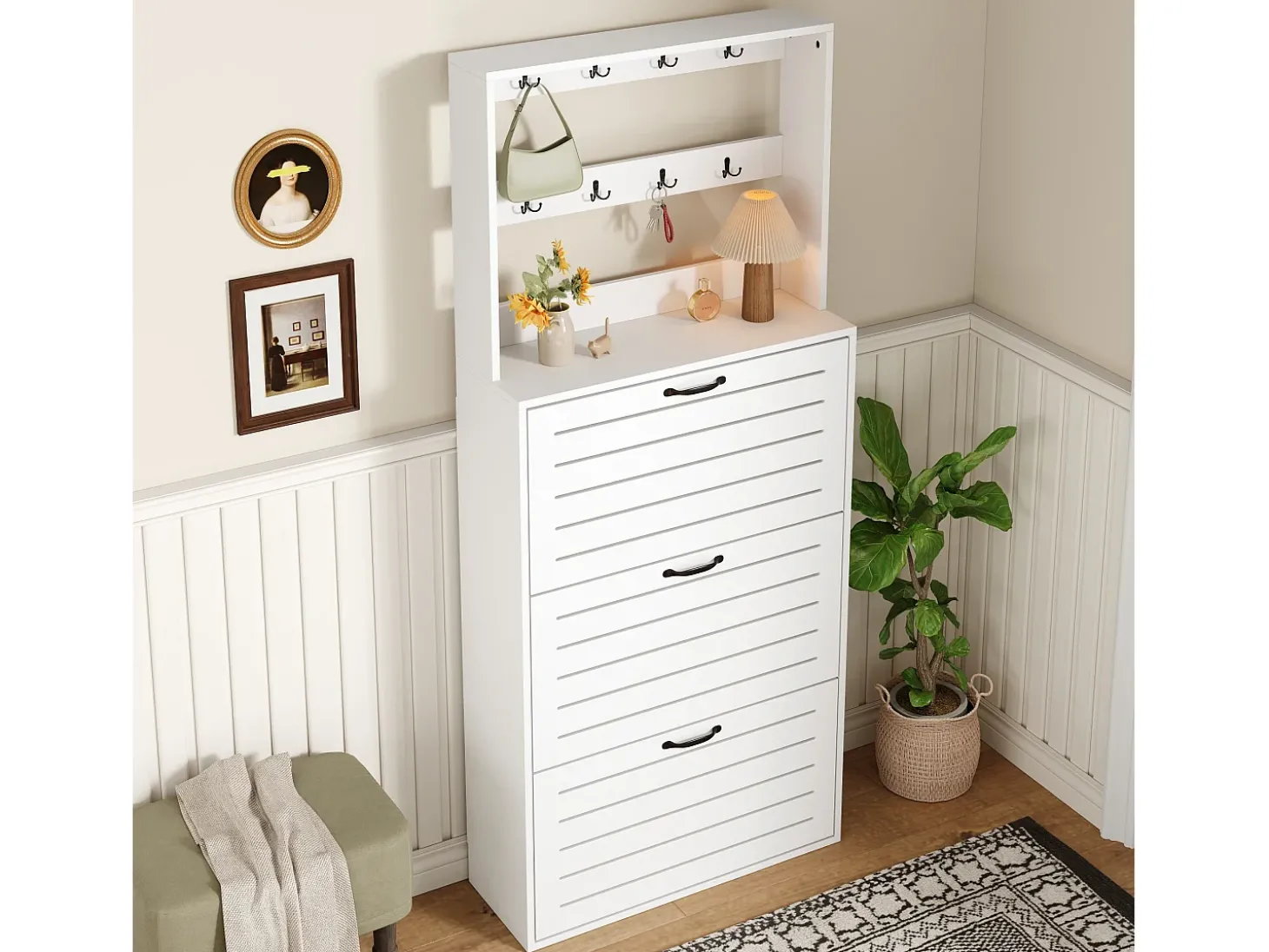 Móvel para sapatos 70×25×165 cm - com 8 ganchos - com 3 portas - painel de partículas - branco