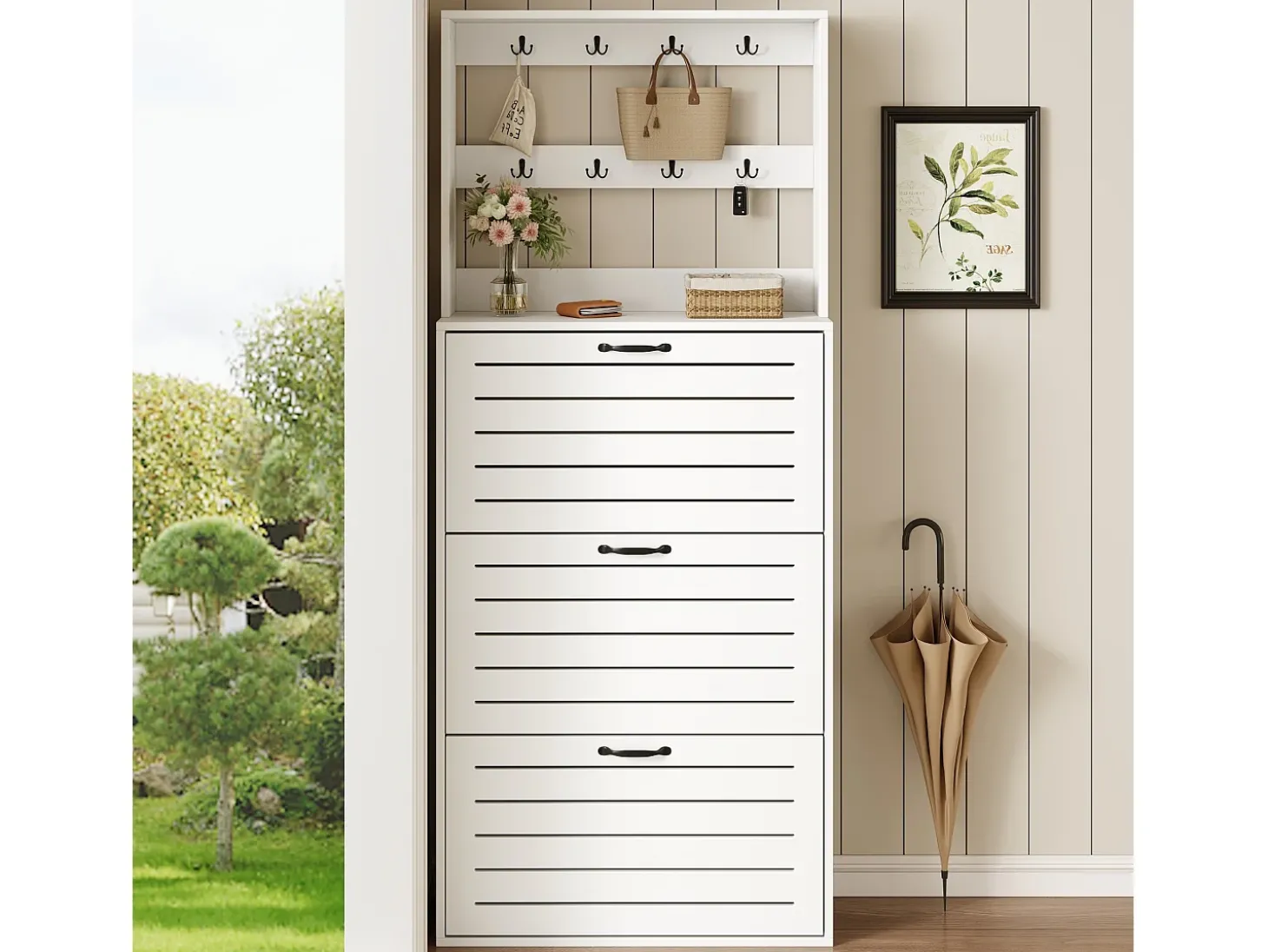 Móvel para sapatos 70×25×165 cm - com 8 ganchos - com 3 portas - painel de partículas - branco