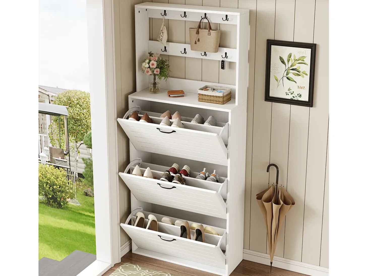 Móvel para sapatos 70×25×165 cm - com 8 ganchos - com 3 portas - painel de partículas - branco