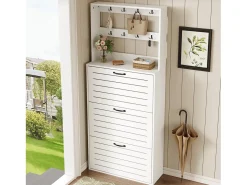Móvel para sapatos 70×25×165 cm - com 8 ganchos - com 3 portas - painel de partículas - branco