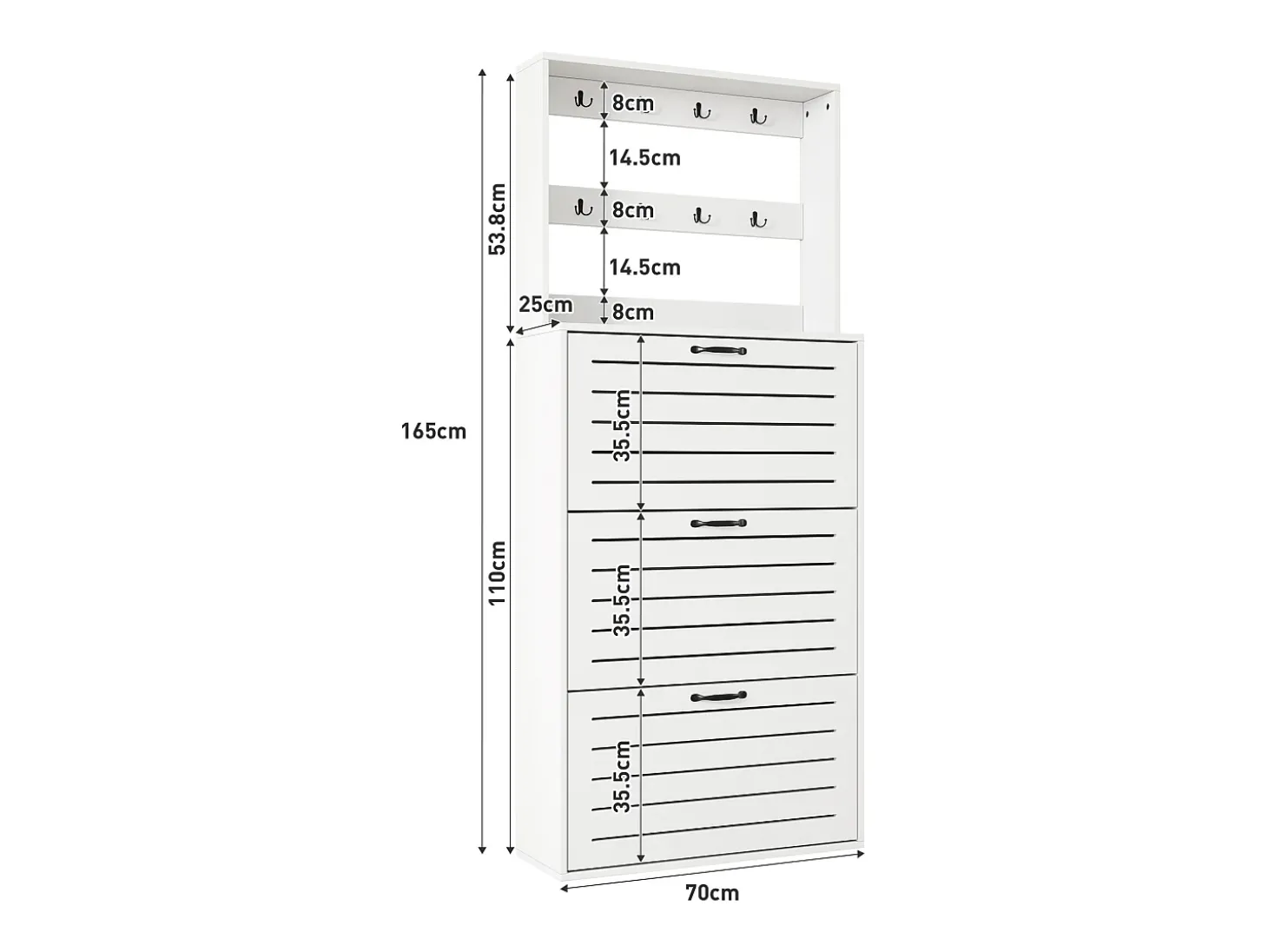 Móvel para sapatos 70×25×165 cm - com 8 ganchos - com 3 portas - painel de partículas - branco