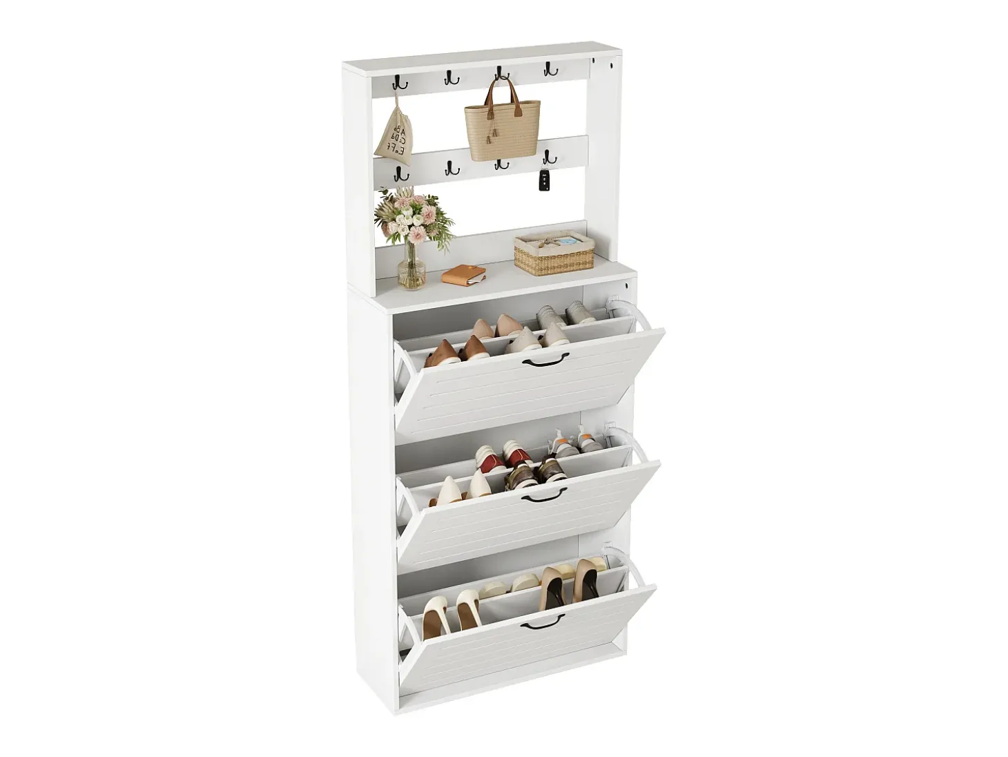 Móvel para sapatos 70×25×165 cm - com 8 ganchos - com 3 portas - painel de partículas - branco