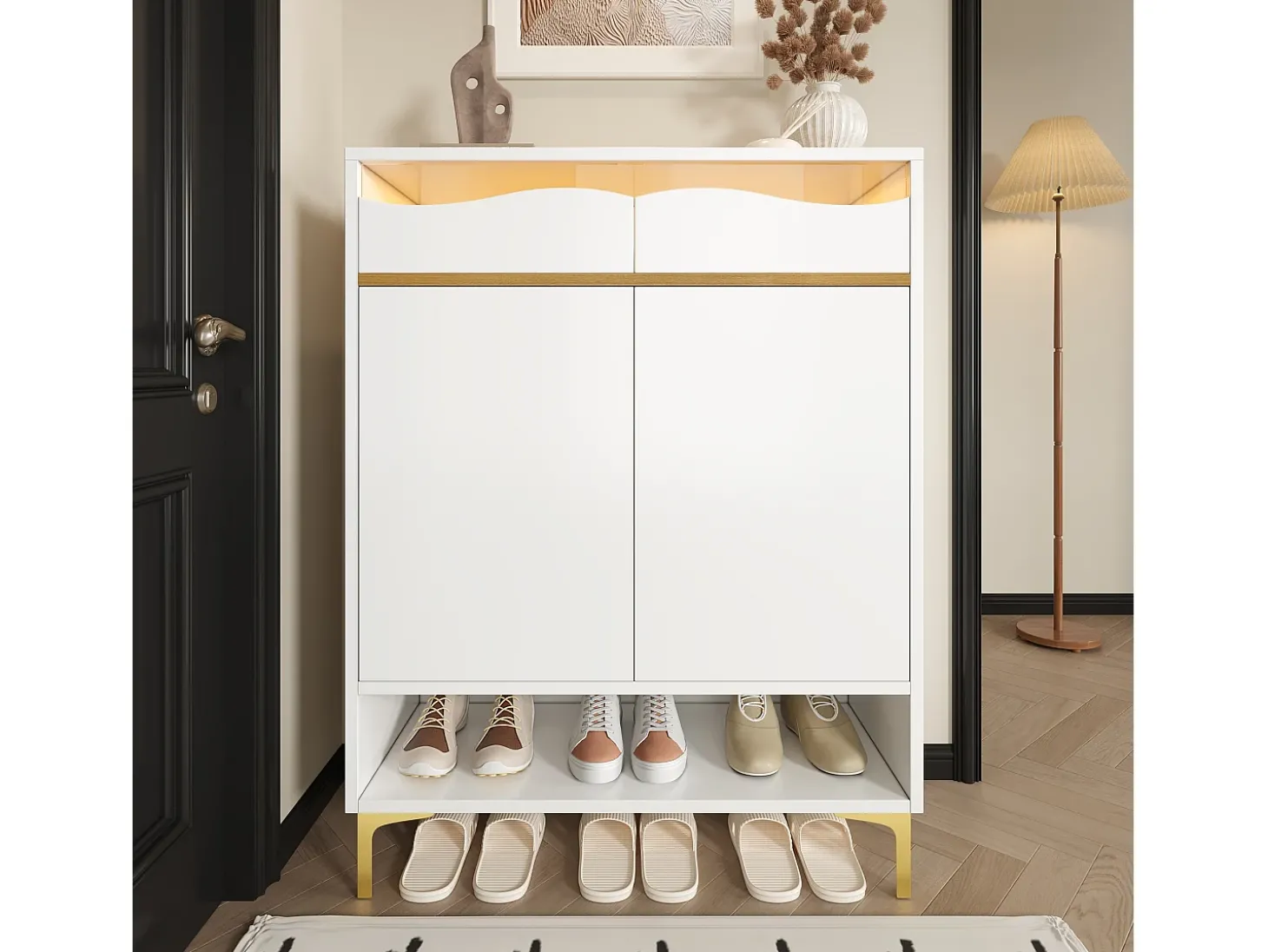 Móvel para sapatos moderno 80x35x105cm - com LED - 2 gavetas e 2 portas - branco