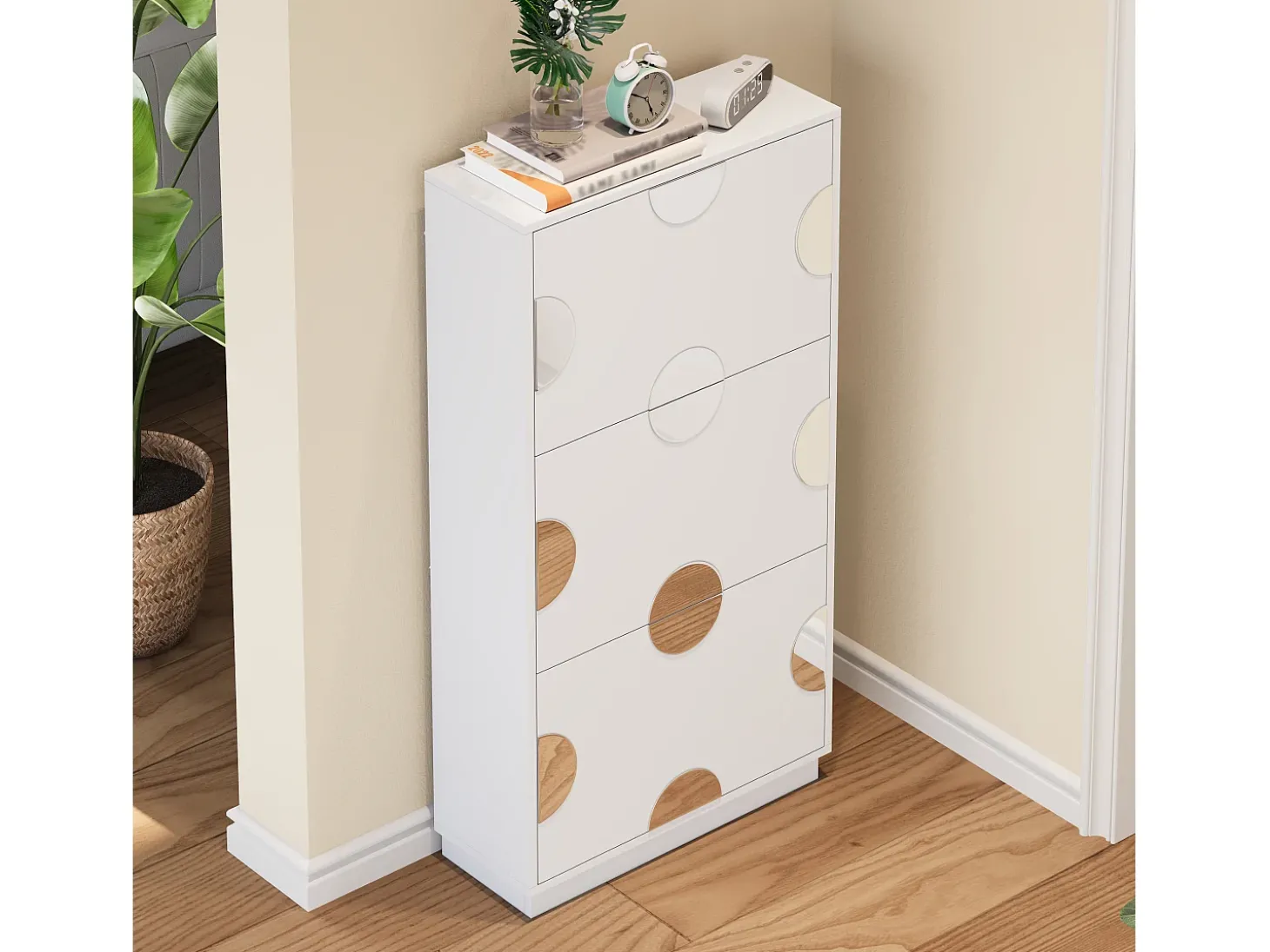 Móvel para sapatos moderno - três portas - espelho redondo - grande espaço de armazenamento - MDF - branco