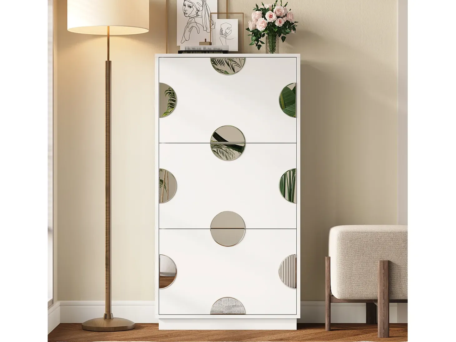Móvel para sapatos moderno - três portas - espelho redondo - grande espaço de armazenamento - MDF - branco