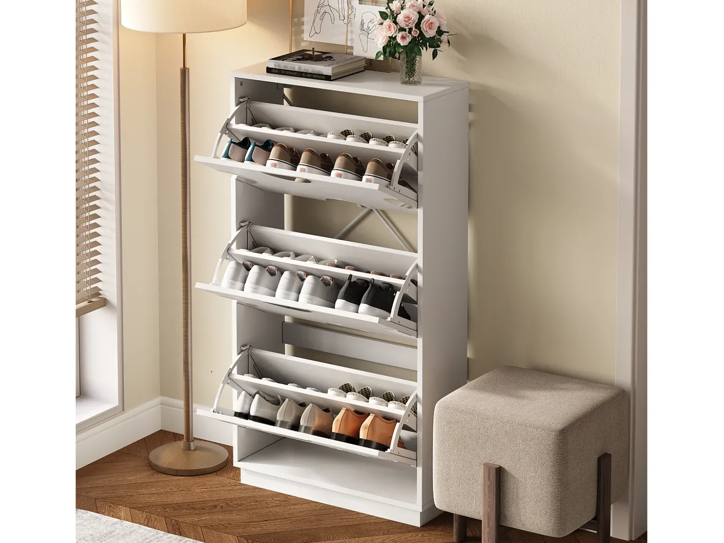 Móvel para sapatos moderno - três portas - espelho redondo - grande espaço de armazenamento - MDF - branco