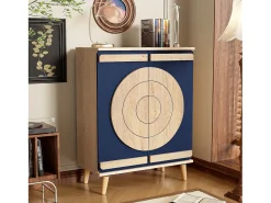 Móvel para sapatos moderno 76x37x98,5 cm - con 2 portas - Armazenamento multi-níveis - Pés de madeira - Azul e natural
