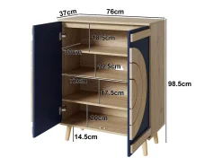 Móvel para sapatos moderno 76x37x98,5 cm - con 2 portas - Armazenamento multi-níveis - Pés de madeira - Azul e natural
