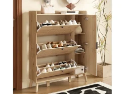 Móvel para sapatos moderno 110×24×137,5 cm - com 3 portas basculantes - com espelho - Pés de madeira maciça - Natural