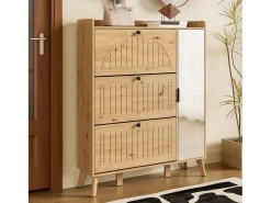 Móvel para sapatos moderno 110×24×137,5 cm - com 3 portas basculantes - com espelho - Pés de madeira maciça - Natural