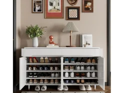 Móvel para sapatos moderno 140x39x84 cm - 2 portas e 2 gavetas - Prateleiras ajustáveis - Pés dourados - Branco