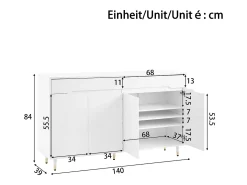 Móvel para sapatos moderno 140x39x84 cm - 2 portas e 2 gavetas - Prateleiras ajustáveis - Pés dourados - Branco