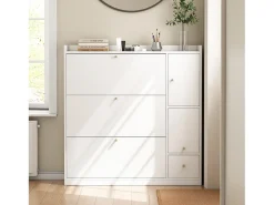 Móvel para sapatos multifuncional 119x24x122 cm - com 3 gavetas dobráveis - com banco dobrável - com uma porta - branco