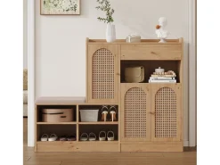 Móvel para sapatos multifuncional 142x35x110cm - con um assento acolchoado - con 3 portas de rattan e 1 gaveta - Natural