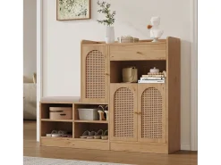Móvel para sapatos multifuncional 142x35x110cm - con um assento acolchoado - con 3 portas de rattan e 1 gaveta - Natural