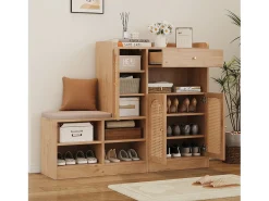 Móvel para sapatos multifuncional 142x35x110cm - con um assento acolchoado - con 3 portas de rattan e 1 gaveta - Natural