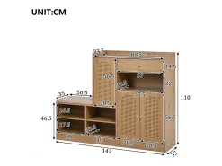 Móvel para sapatos multifuncional 142x35x110cm - con um assento acolchoado - con 3 portas de rattan e 1 gaveta - Natural