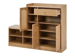 Móvel para sapatos multifuncional 142x35x110cm - con um assento acolchoado - con 3 portas de rattan e 1 gaveta - Natural