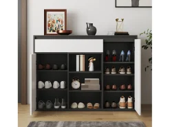 Móvel para sapatos 105x39.5x86 cm - 2 portas e 1 gaveta - Com iluminação LED - Com prateleiras ajustáveis - Branco + Preto